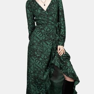 Disturbia Ophidia Green Wrap Maxi Ruffle Dress Gothic Snake Print XS 2